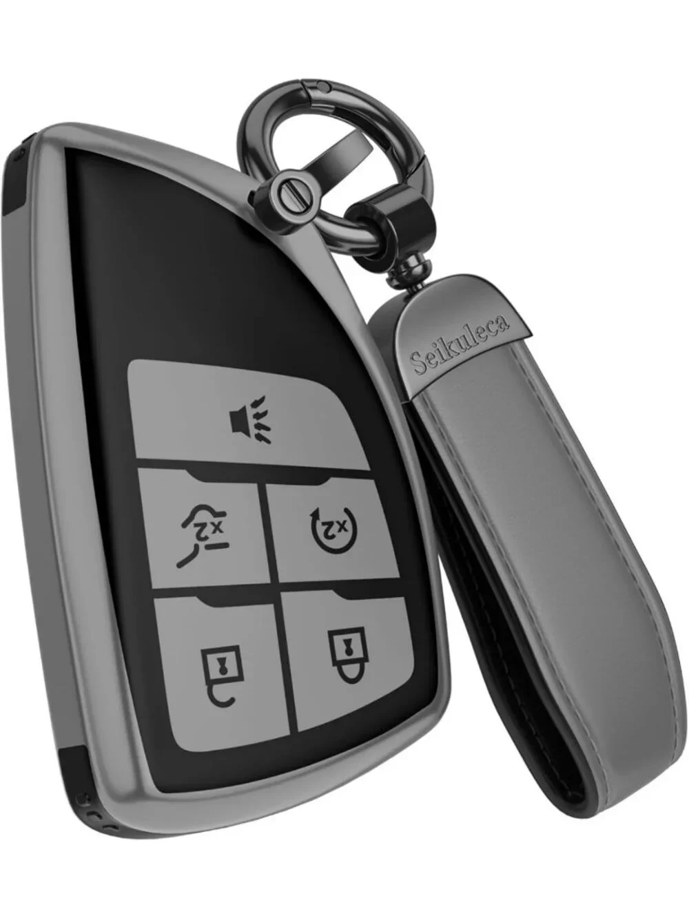 Matte TPU Key Fob Cover with Leather Keychain for Chevy GMC - 5 Button Accessory
